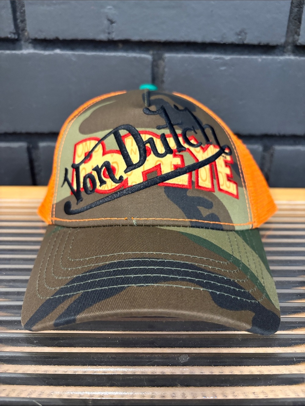 Von Dutch Camo Trucker Hat with Orange Mesh and Black Embroidery